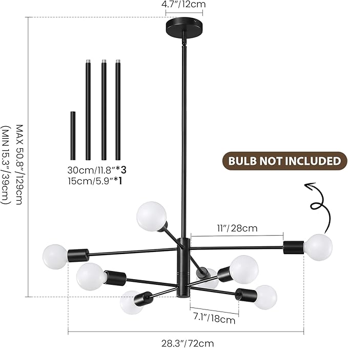 KAISITE Modern Chandelier Sputnik Ceiling Light Fixture Black Chandelier for Bedroom Living Room 8-Light Height Adjustable Dining Room Farmhouse Chandelier Over Table Ceiling Hanging Kitchen Lighting