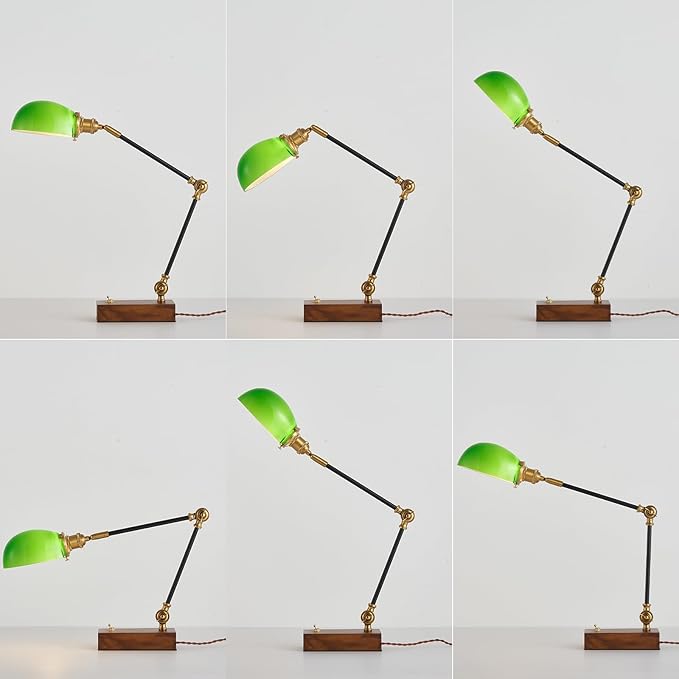 Bankers Lamp, Adjustable Traditional Green Desk Lamp with Solid Ash Wood Base, Green Glass Antique Library Lamp with Power Cord Switch, Plug in Vintage Bankers Table Lamp for Office 【E26 Socket】