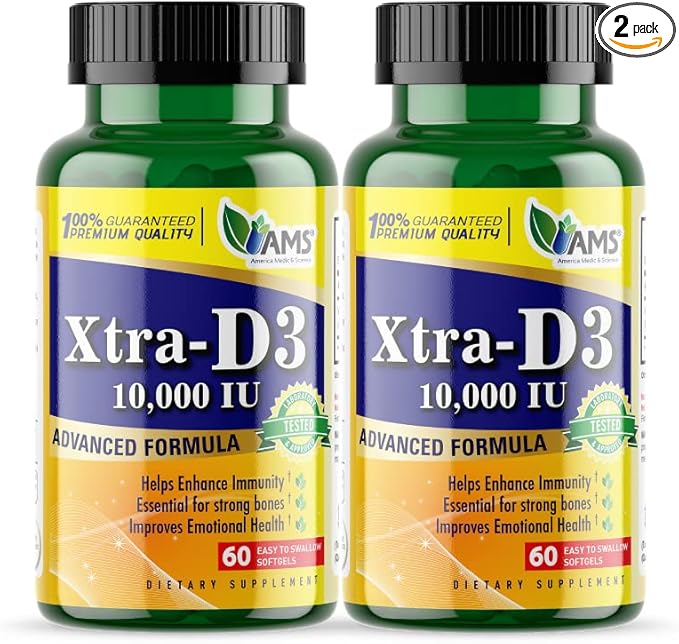 America Medic & Science Xtra D3 Vitamine D 10 000 UI (250 mcg) Cholecalciferol Supplément pour Hommes et Femmes (120 Gélules Faciles à Avaler) Idéal pour la Santé des Os, du Cœur, le Soutien du Système Immunitaire, la Fonction Pulmonaire