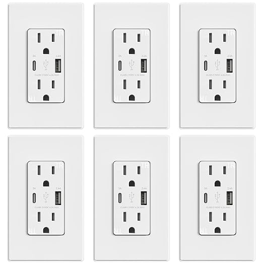 ELEGRP USB Outlets, 15 Amp Wall Outlet with USB Ports, 21W USB Outlets Receptacles with Type A & Type C Ports, Tamper Resistant Receptacle, Wall Plate Included, Ul Listed (6 Pack, Matte White)