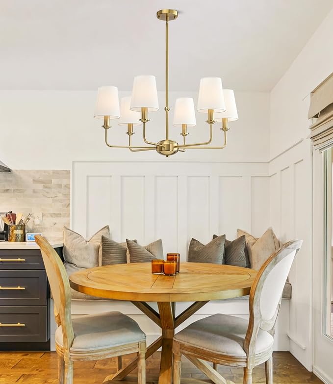 6-Light Brushed Gold Pendant Chandelier with Fabric Shades, E12 Base - Farmhouse & Industrial Style for Kitchen, Living Room, Dining Room, or Bedroom Lighting