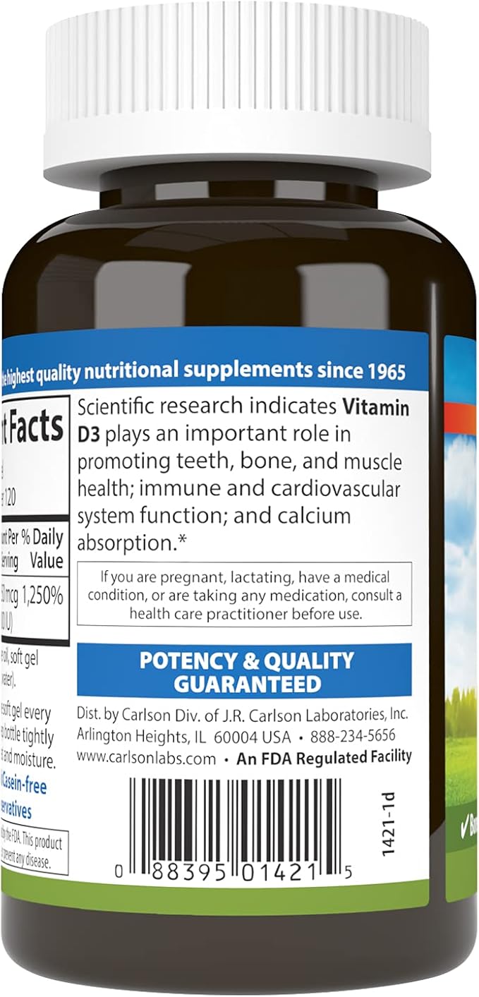 Carlson - Vitamine D3, 10 000 UI (250 mcg), Suppléments de Vitamine D, Soutien Osseux & Immunitaire, Gélules de Vitamine D3, Santé Cardiaque, Capsules de Vitamine D sans Gluten, 120 Gélules