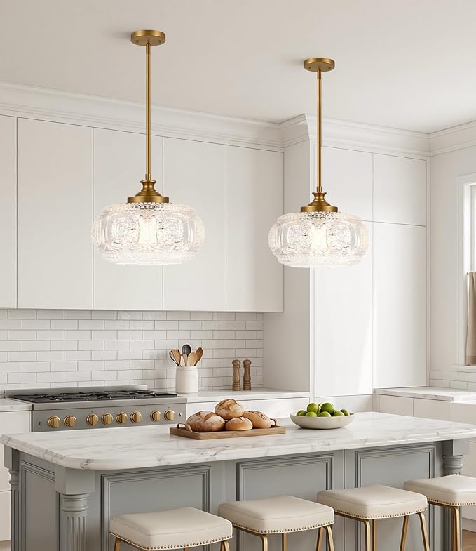 Semi Flush Mount Ceiling Light, Gold Pendant Lights Kitchen Island | 12" Large Clear Glass Shade, Vintage Pendant Light Adjustable Hanging Light for Kitchen Island Bedroom Hallway Bathroom