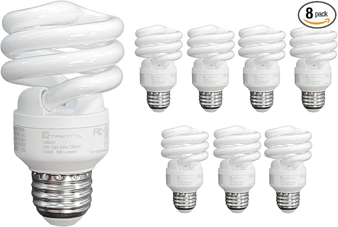 Xtricity Compact Fluorescent Light Bulbs T2 Spiral, E26 Base, 13W (60W Equivalent), 4100k Cool White, 900 Lumens, CFL, 120V - UL Listed, (8 Pack)