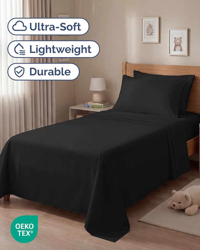 Twin 4 Piece Sheet Set - Comfy Breathable & Cooling - Ultra Soft Hotel Luxury Bedding Set with 8-16 Inch Deep Pockets - 1 Flat & 1 Fitted Sheet & 2 Pillowcases - Cozy, Wrinkle Free & Easy Care - Black