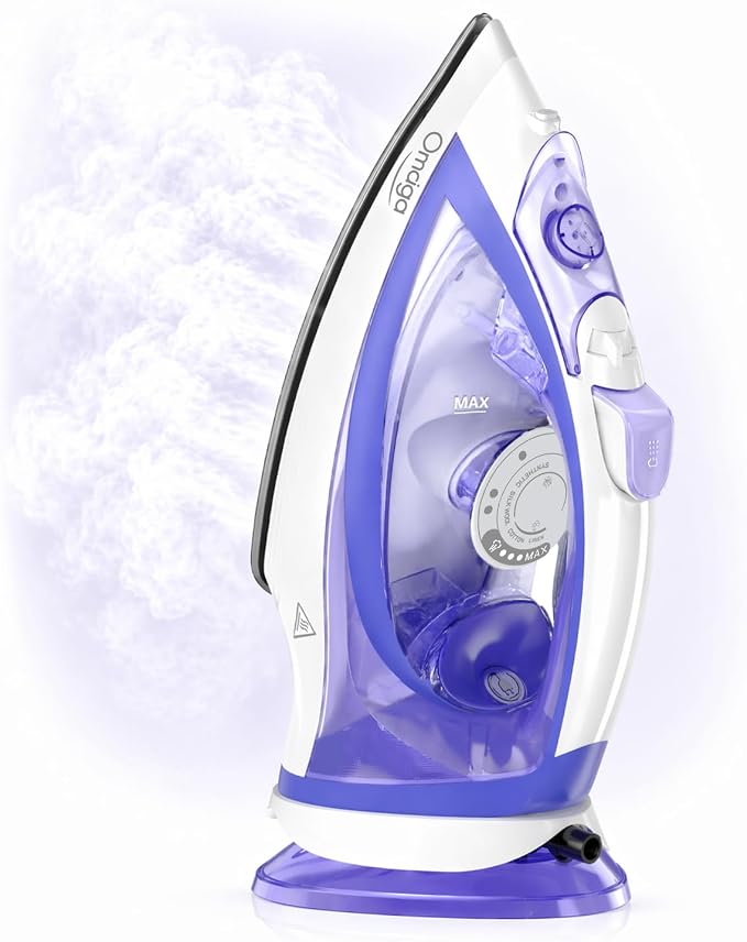 OMAIGA Cordless Steam Iron for Clothes, 1550W 2-in-1 Cordless and Corded Iron with Rapid Heat, Ceramic Soleplate, 3-Way Auto-Off, 12.85 oz Water Tank, Lavender