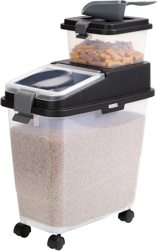Mighty Tuff 3 Piece Airtight Dog Food Storage Container, Up to 36 lbs, with 5 lbs Dog Treat Container and Portion Scoop – BPA Free Airtight Pet Food Bin on Wheels