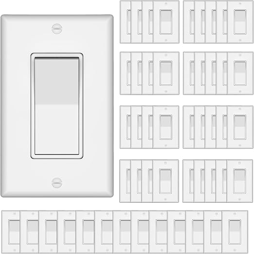 ThunderWay Single Pole Decorator Wall Light Switch with Wall Plate, 15A 120V/277V, On/Off Paddle Switch, Residential Grade - UL Listed, White (50)