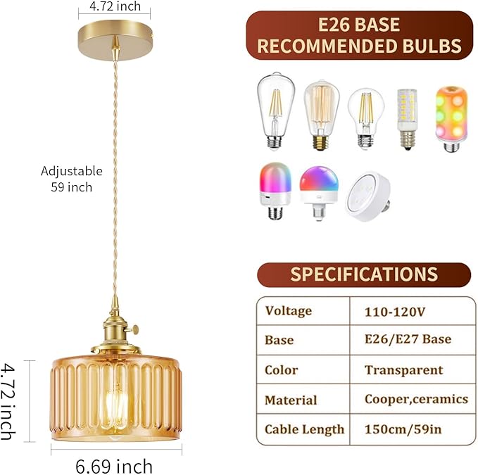 WimiSom 2 Pack Industrial Pendant Lighting, Modern Glass Shade Farmhouse Adjustable Hanging Light Fixtures for Kitchen Island Living Room Bedroom Hallway, Brown