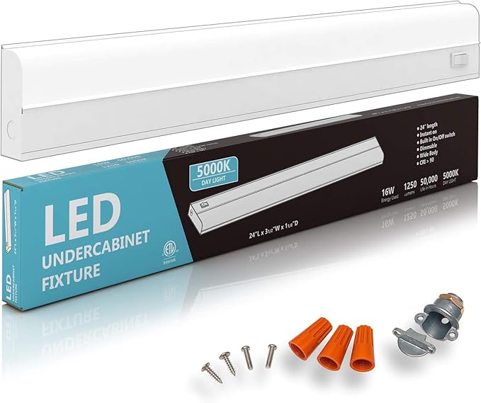 6 Pack Hardwired LED Under Cabinet Lighting - 16 Watt, 24", Dimmable, UnderCRI>90, 5000K (Day Light), Wide Body, Long Lasting Metal Base with Frost Lens