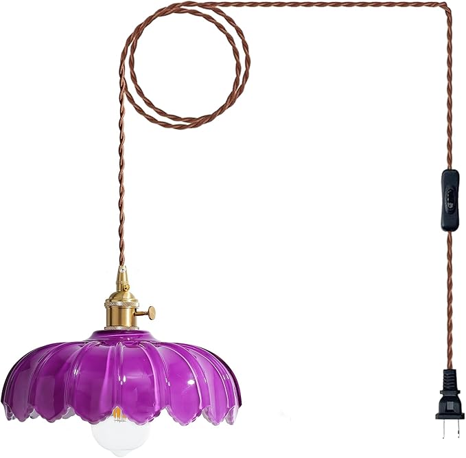 XZHGCEE Plug in Pendant Light: Hanging Light Plug in Royal Purple Glass Hanging Lamp, Pendant Lighting for Kitchen Island, Bedroom, Dining Room, Living Room, No Bulb