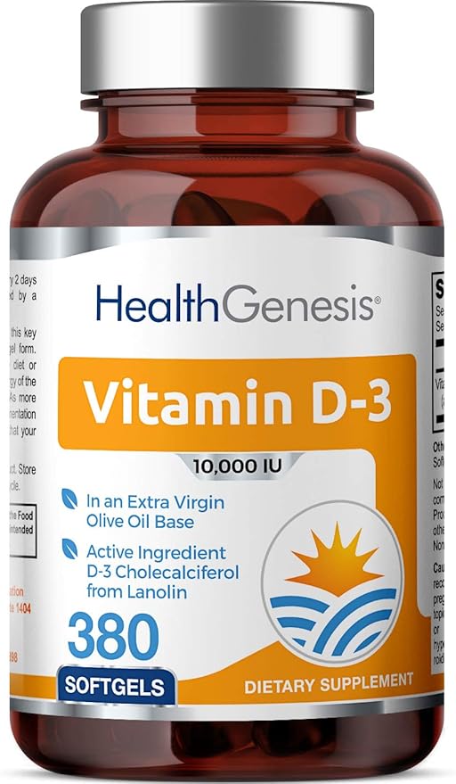 Vitamine D-3 10000 UI 380 Gélules Molles - Haute Puissance dans l'Huile d'Olive Extra Vierge Sans OGM Sans Soja Soutient des Os Solides la Santé Immunitaire