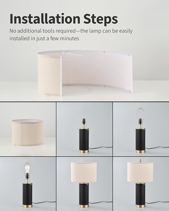KDG 23.4" Black PU Leather Table Lamps for Living Room Set of 2, E26 Socket LED Modern Home Decor Fabric Lampshade Desk Lamp Lighitng for Bedroom, Bedside, Farmhouse, Nightstand, Night Light