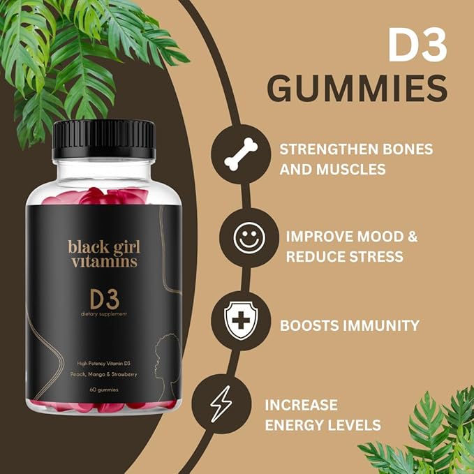 Black Girl Vitamins - Vitamin D3/K2 Gummies, for Immune, Energy, and Bone Support, 2000IU (50mcg) Vitamin D per Serving, Gluten-Free Vitamin D Gummies