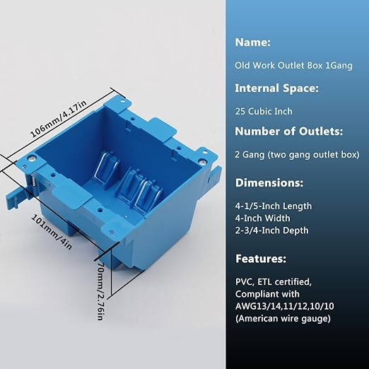 2-Gang Old Work Box,Blue,Plastic Junction Box for Switches, Old Work 2 Gang Outlet Box with Adjustable Mounting Tabs and Flanges for Residence,ETL Listed,AWG Standard(Pack of 3)