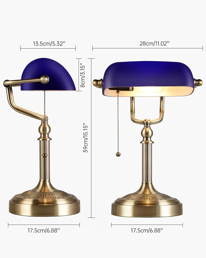 Blue Glass Bankers Desk Lamp with Pull Chain Switch Plug in Fixture for Home Office,Library