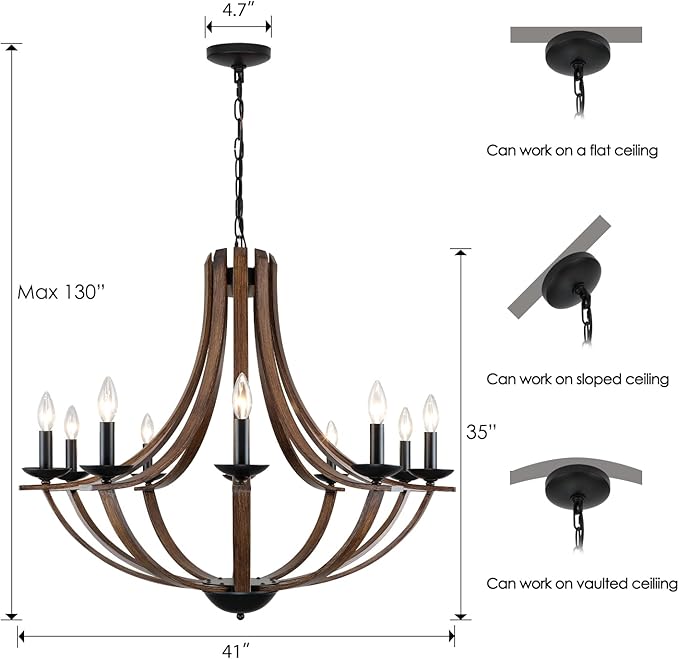 LAMPKEDUO Rustic Chandeliers for Dining Room Light Fixture, 10-Light 35" Adjustable Height Retro Faux Wood Texture Farmhouse Light Fixtures for Living Room Bedroom Foyer Entryway