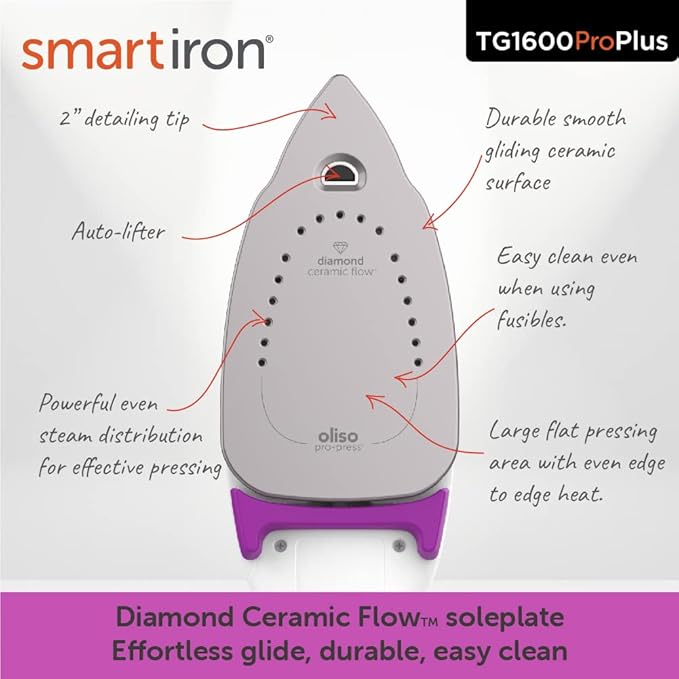 oliso TG1600 ProPlus Auto-Lift Steam Iron - Sewing Quilting & Clothes Ironing – 1800W, Orchid