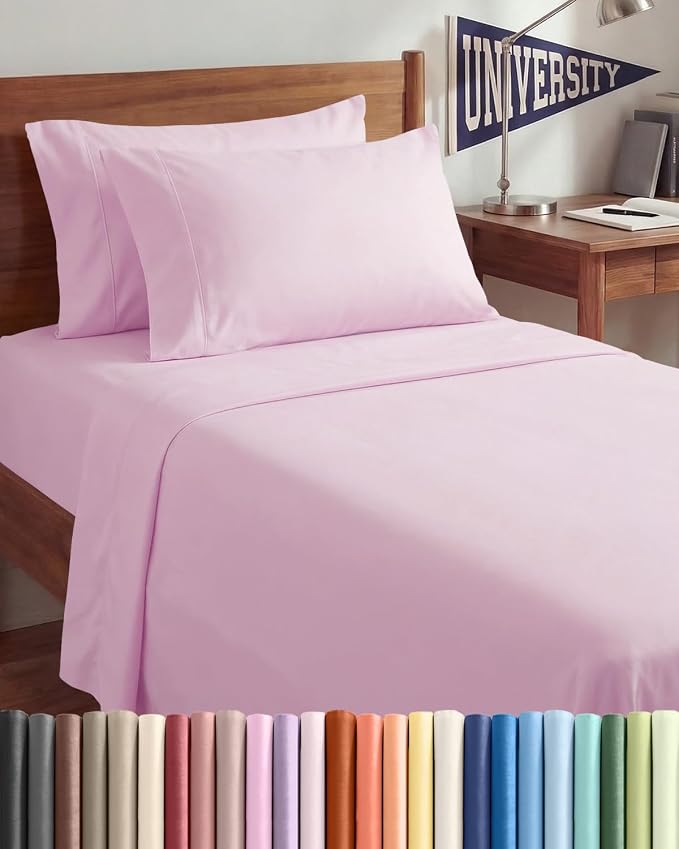 Twin XL 4 Piece Sheet Set - Comfy Breathable & Cooling - Ultra Soft Hotel Luxury Bedding Set w/ 8-16 Inch Deep Pockets - 1 Flat & 1 Fitted Sheet & 2 Pillowcases - Wrinkle Free & Easy Care - Light Pink