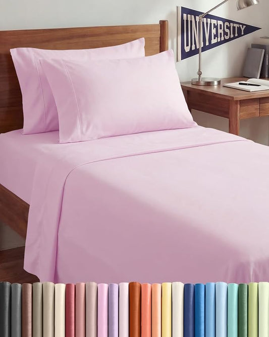 Twin XL 4 Piece Sheet Set - Comfy Breathable & Cooling - Ultra Soft Hotel Luxury Bedding Set w/ 8-16 Inch Deep Pockets - 1 Flat & 1 Fitted Sheet & 2 Pillowcases - Wrinkle Free & Easy Care - Light Pink