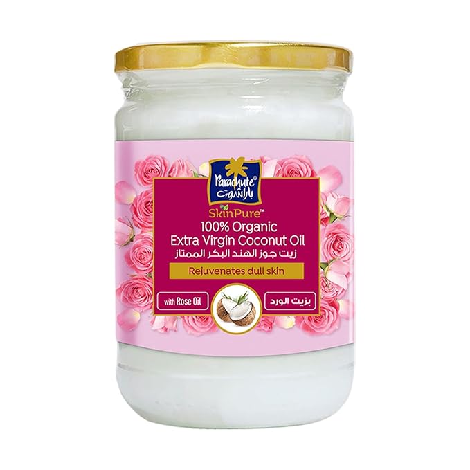 "Huile de Coco Vierge Extra 100% Biologique Parachute Advansed SkinPure à l'Huile de Rose | Hydratant Visage et Corps | Pour une Peau Douce, Lisse et Rajeunie | Stimule le Collagène | Pressée à Froid | 200 ml | Pot en Verre"