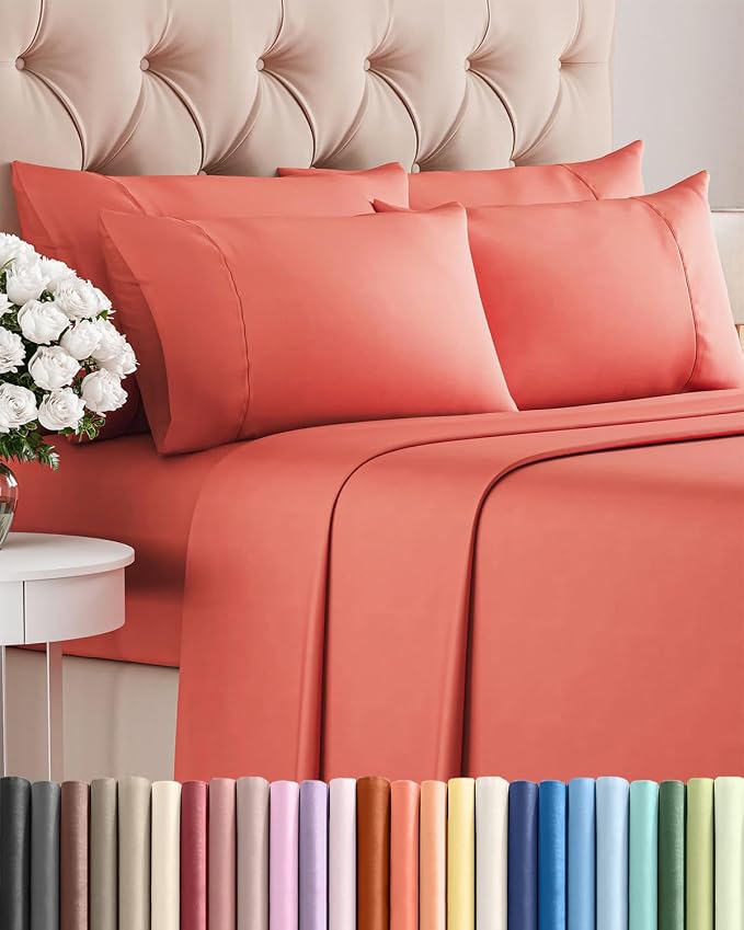 Cal King 6 Piece Sheet Set - Comfy Breathable & Cooling - Ultra-Soft Hotel Luxury Bedding Set with 8-16 Inch Deep Pockets - 1 Flat & 1 Fitted Sheet & 4 Pillowcases - Wrinkle Free & Easy Care - Coral