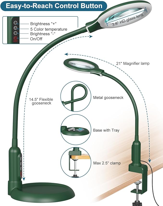12X Magnifying Glass with Light and Stand, Real Glass, LED 5 Color Modes, Brightness Stepless Dimming Lighted Magnifier Hands Free, Flexible Gooseneck Desk Lamp with Clamp for Close Work, Craft, Green