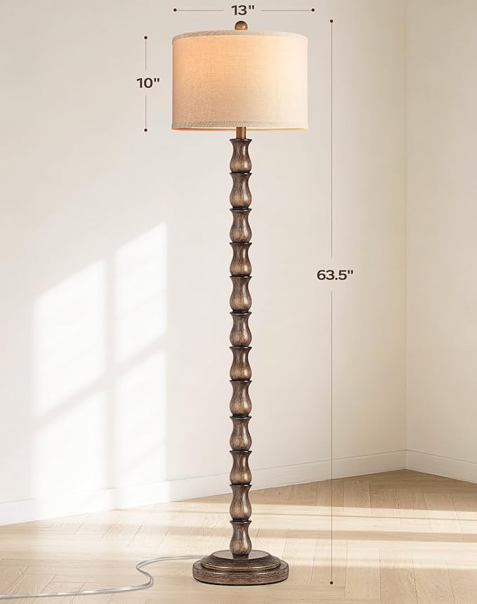 63.5" Rustic Floor Lamp for Living Room, Farmhouse Floor Lamp with Rotary Switch & Linen Shade, Vintage Resin Tall Standing Lamp for Bedroom Corner Office Home Decor, Dark Brown (LED Bulb Included)
