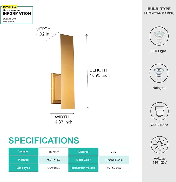Edwarmlux Indoor Wall Sconces, Modern Wall Lights, Up and Down Wall Mount Light, Dimmable Hardwired Wall Light for Bedroom, Living Room, Hallway, GU10 Bulbs Excluded (Brushed Gold)