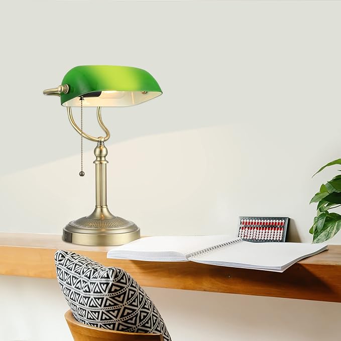 Green Glass Bankers Desk Lamp with Pull Chain Switch Plug in Fixture,USB Fast Charging Port