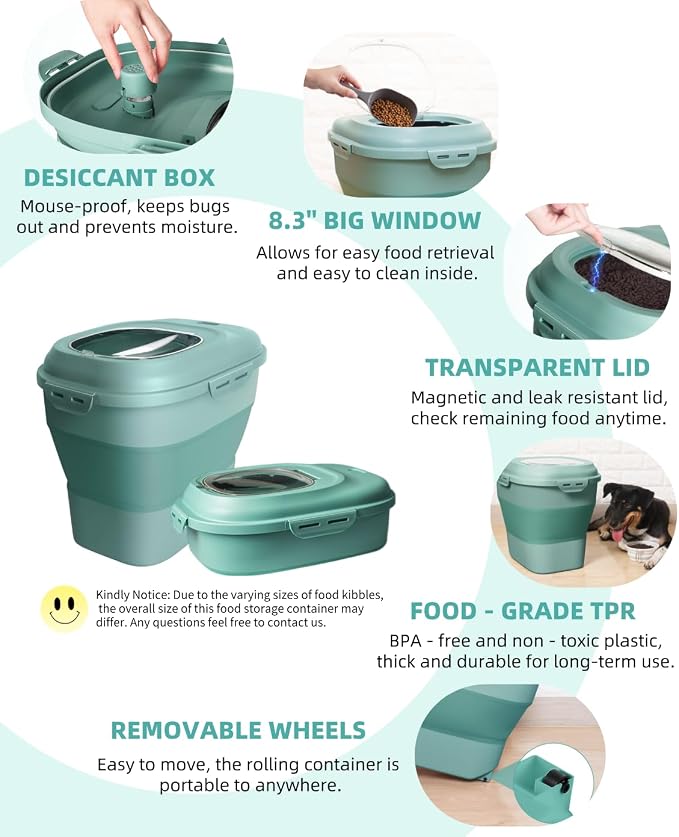 30-35 Lbs Dog Food Storage Container Collapsible Dog Food Container with Airtight Lids, Wheels, Scoop and 2pcs Food Storage Containers, Large Pet food storage for Dog, Cat (Green)