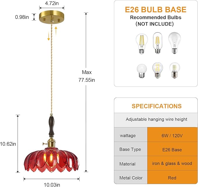 Modern Red Glass Pendant Light Retro Flower Glass Hanging Lamp Gold Brass Decorative Adjustable Ceiling Hanging Light Suitable for Kitchen Island Bedroom Dining Room Living Room