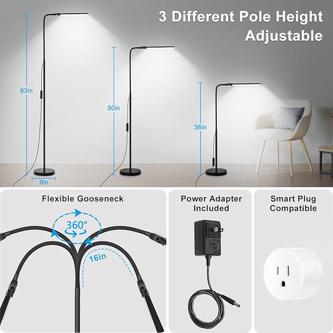 LED Floor Lamp with Remote Control, Bright 18W Floor Lamps for Living Room with Double Head, Adjustable Gooseneck Standing Lamp, Eye Caring Reading Light for Eyelash Extetions Craft Office