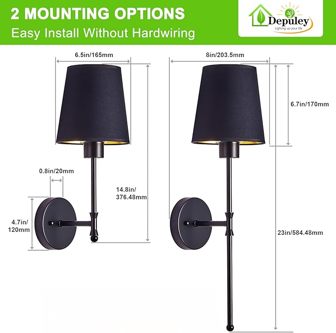 Depuley Battery Operated Wall Sconce: 24" Set of 2 Wireless Wall Lights with Remote for Bedroom - Rechargeable 15 Colors Black Wall Lamp for Living Room Hallway Home Decor