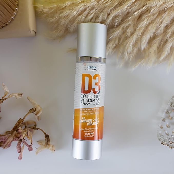 Crème de vitamine D naturelle pure D3 10000UI, puissance maximale, pour lutter naturellement contre la carence en vitamine D - avec de la vitamine K2 et de l'extrait de feuille d'olivier - Pour trois mois - Sûre et efficace (10 000 UI - 102 g)