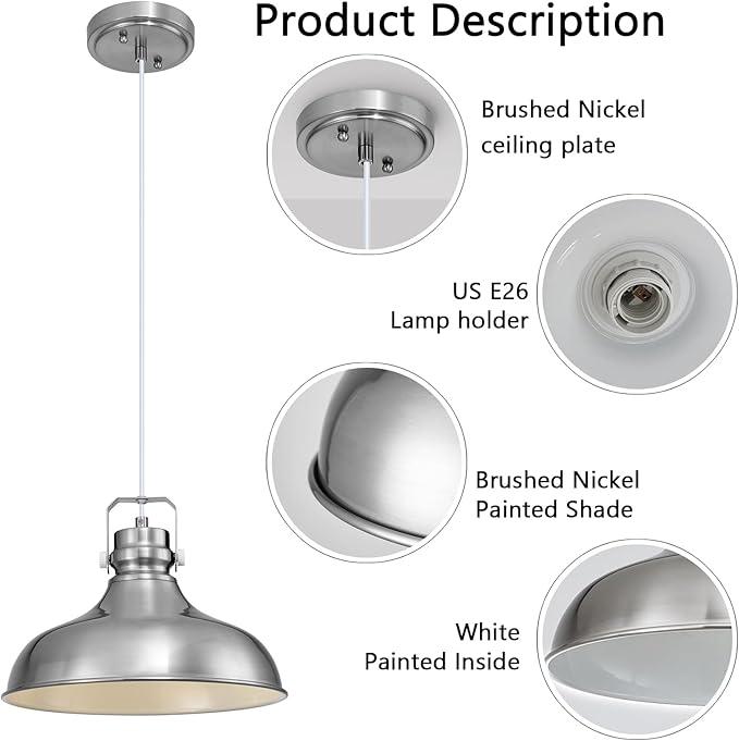 Brushed Nickel Farmhouse Pendant Lights Matte Pendant Lighting for Kitchen Island Industrial Adjustable Height Vintage Dome Hanging Light Fixtures for Barn, Dining Room 1 Pack