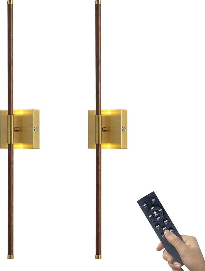 15800 mAh Battery Operated Wall Sconces with Remote Control Dimmable Battery Powered Cordless Rechargeable Wall Sconces Set of Two 3000K LED Walnut Wood and Brass Gold Wireless Wall Light for Bedroom