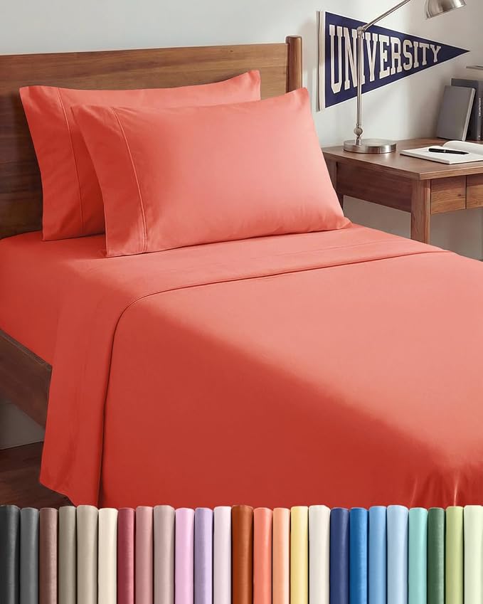 Twin XL 4 Piece Sheet Set - Comfy Breathable & Cooling - Ultra Soft Hotel Luxury Bedding Set w/ 8-16 Inch Deep Pockets - 1 Flat & 1 Fitted Sheet & 2 Pillowcases - Wrinkle Free and Easy Care - Coral