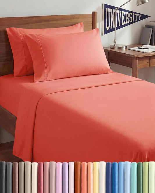 Twin XL 4 Piece Sheet Set - Comfy Breathable & Cooling - Ultra Soft Hotel Luxury Bedding Set w/ 8-16 Inch Deep Pockets - 1 Flat & 1 Fitted Sheet & 2 Pillowcases - Wrinkle Free and Easy Care - Coral
