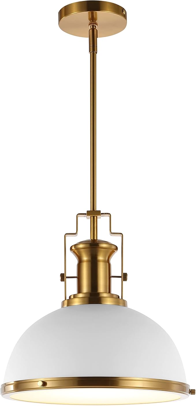 JONATHAN Y 13" Brass Gold/White Modern Industrial Iron LED Dome Pendant Light, Adjustable Hanging Fixture for Kitchen Island or Entryway, White Metal Shade, LED Bulb Included (JYL9536D)