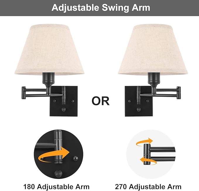 TRLIFE Wall Sconce Plug in, Dimmable Wall Sconces Set of Two Swing Arm Wall Lights with Plug in Cord and On/Off Dimmer Rotary Switch, 9.4" Medium Beige Fabric Shade(2 Pack, 2 Bulbs)