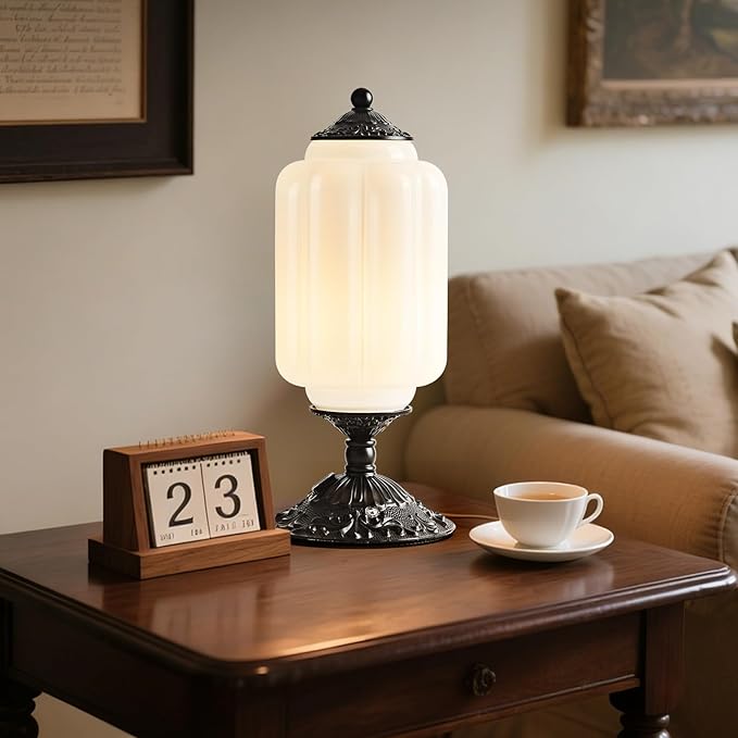 Milk Glass Table Lamp, Touch Control with USB Charging Port Vintage Bedside Desk Lamp Stepless Dimming for Bedroom Living Room Nightstand Led Bulbs Included （White）
