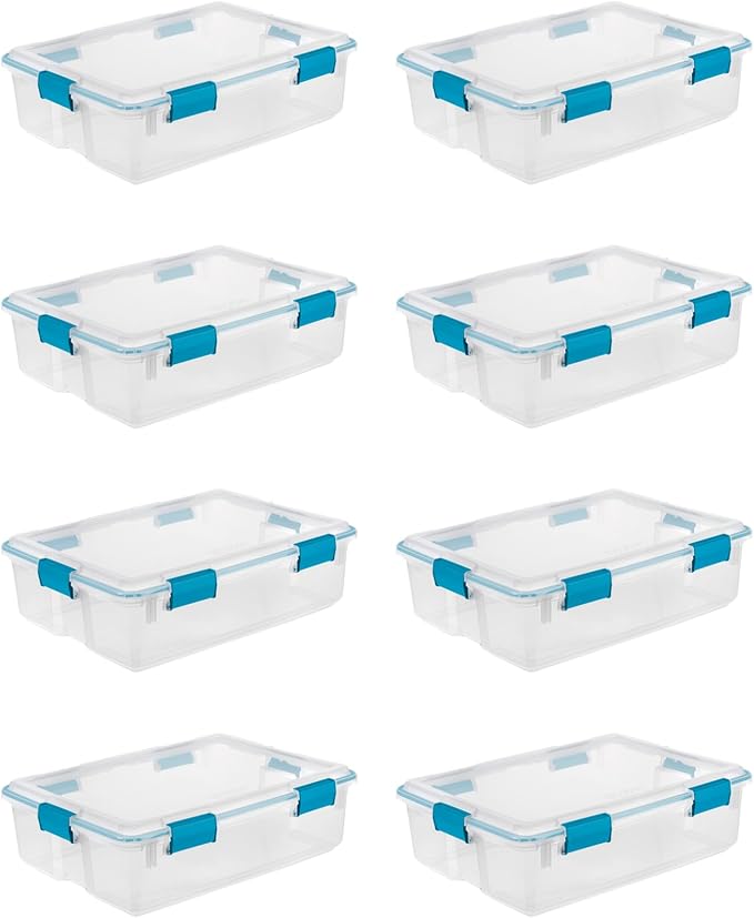 Sterilite 8-Pack Gasket Box, Weather-Resistant Storage Bins with Latching Lids, 37 Quart - Heavy-Duty Organizing Containers for Closet, Bathroom, and Office