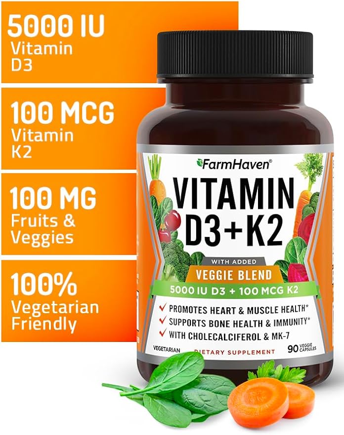 Capsules de Vitamine D3 K2 FarmHaven - 5000 UI D3 et 100 mcg K2 - Cholecalciférol MK7 avec Mélange de Fruits et Légumes - Supplément de Vitamine D K2 pour le Système Immunitaire et la Santé Cardiaque - Végétarien, Sans OGM, 90 Gélules