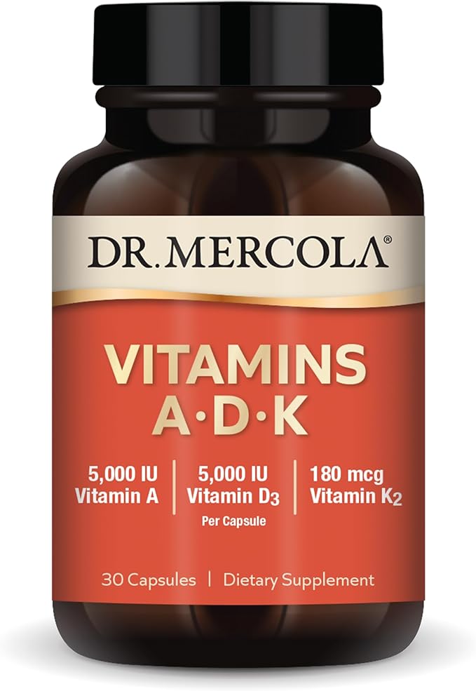 Dr. Mercola Vitamines ADK, 30 portions (30 gélules), Complément alimentaire, 5000 UI Vitamine A et Vitamine D3, 180 mcg Vitamine K2, Soutient la santé immunitaire, Sans OGM