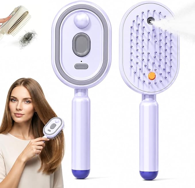 Upgrade Rechargeable 3 in 1 Self Cleaning Hair Brush with Water Spray, 2026 New Electric Steam Brush for Hair, Electric Spray Air Cushion Massage Comb for Long Short Hairs Frizz Control (Blue)