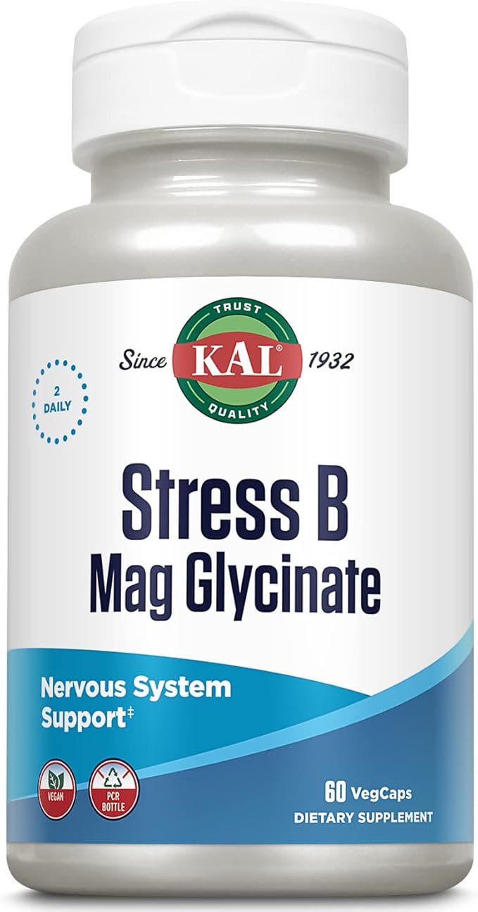 KAL Stress B Magnésium Glycinate, Vitamines B Complexe Plus Magnésium, Formes Actives Coenzyme Vitamine B-6, Méthylcobalamine et Folate de 5-MTHF, Soutien de l'Humeur Saine et de la Relaxation, 30 Portions, 60 Végicapsules