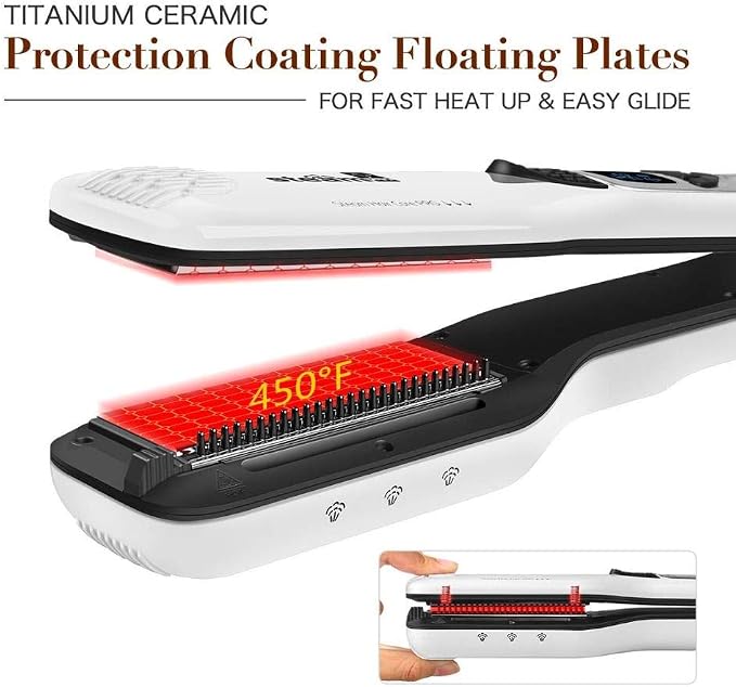 Professional Steam Hair Straightener Brush Ceramic Flat Iron, Electric Hair Crimper Heating Comb Straightening Iron, Fast Steamer Hair Styling Appliances For All Hair Types (White)