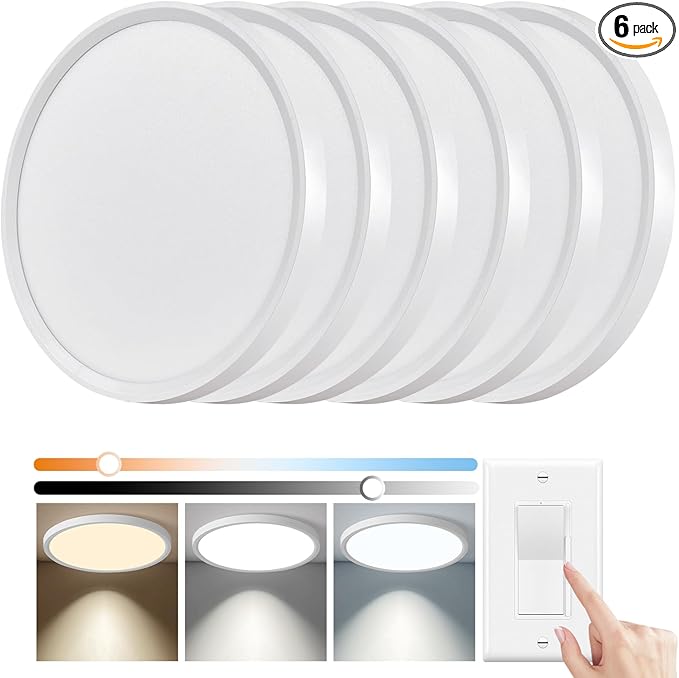 6 Pack 12 Inch Hardwired Dimmable LED Flush Mount Ceiling Light Fixtures, 24W 2640LM 3000K/4000K/5000K, House Upgrade Led Lights for Bedroom Hallway Laundry Room Rental Units, 240W Equiv., White