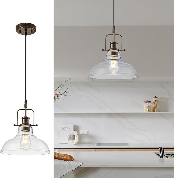 WILON Pendant Lights Kitchen Island Lighting, 11" Rust-Coloured Farmhouse Hanging Light Fixture, Kitchen Pendant Lighting Over Island Clear Glass Shade for Dining Hallway Entryway Bar